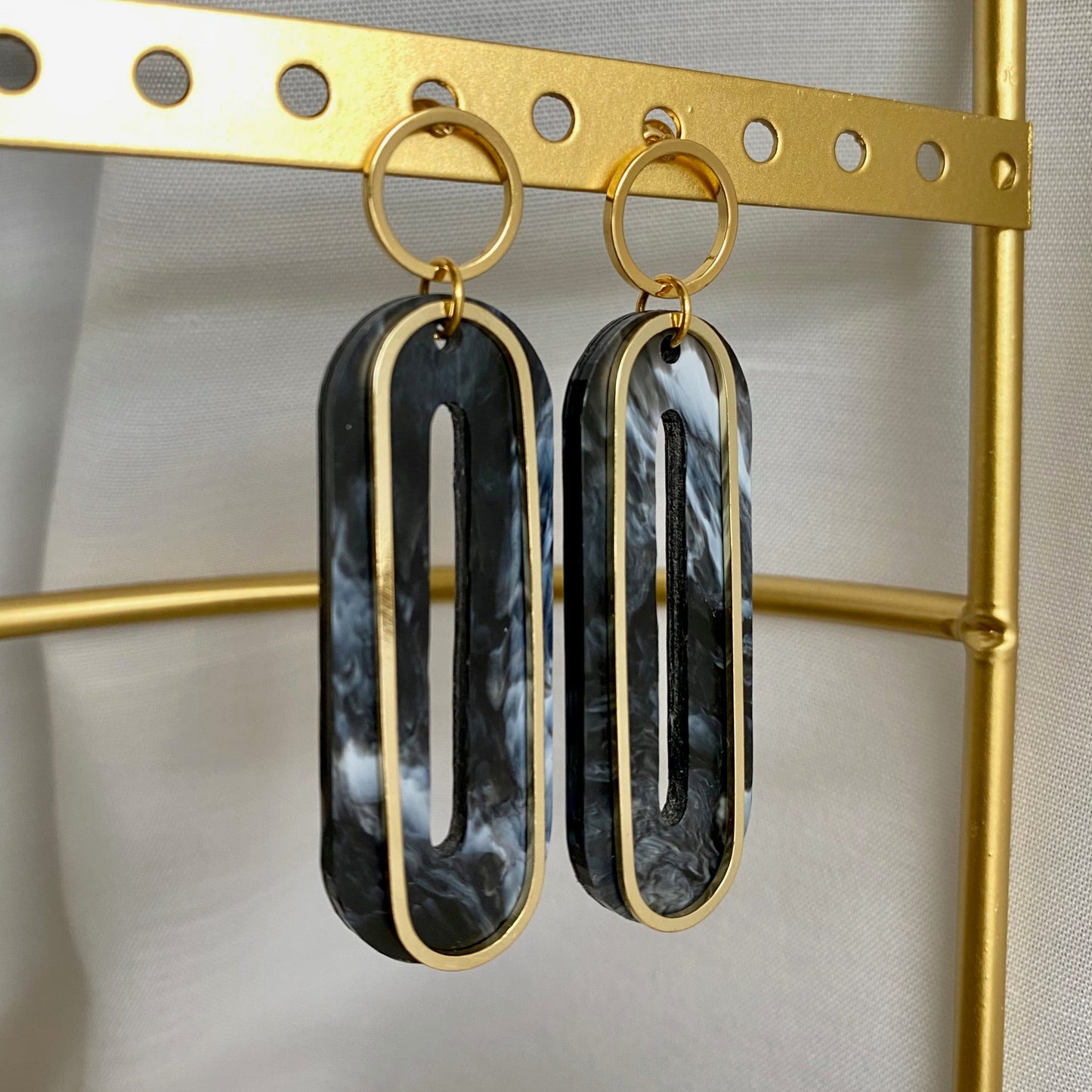 Elliptical Earrings- Black & White Marble