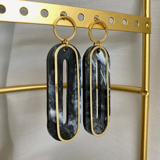 Elliptical Earrings- Black & White Marble