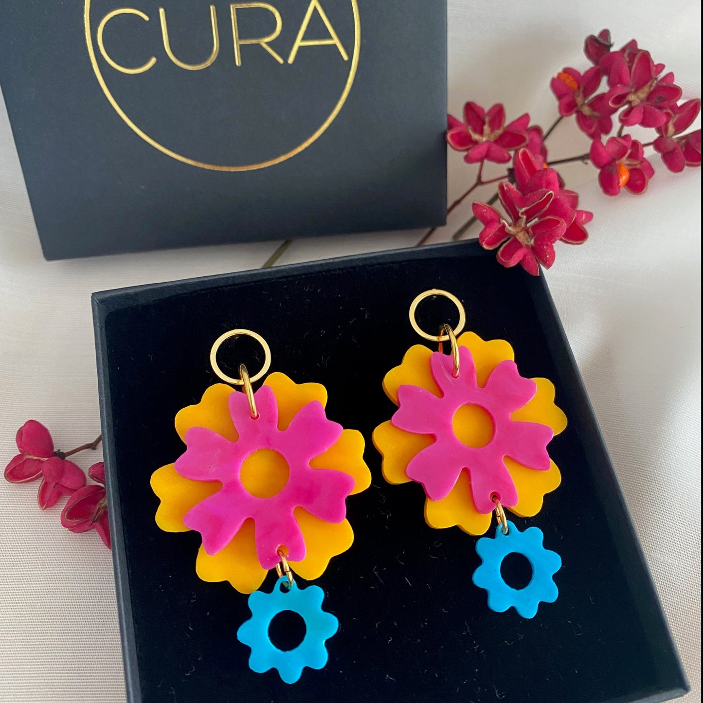Bloom Bouquet Earrings- Marigold, Hibiscus & Turquoise