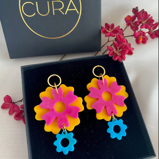 Bloom Bouquet Earrings- Marigold, Hibiscus & Turquoise