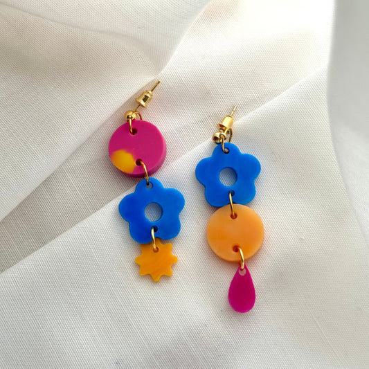 Mini Asymmetrical Flower Drops- Marigold, Turquoise & Hot Pink