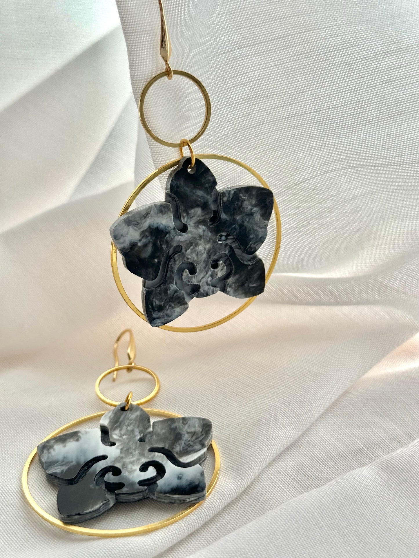 Orchid Earrings- Black & White Marble