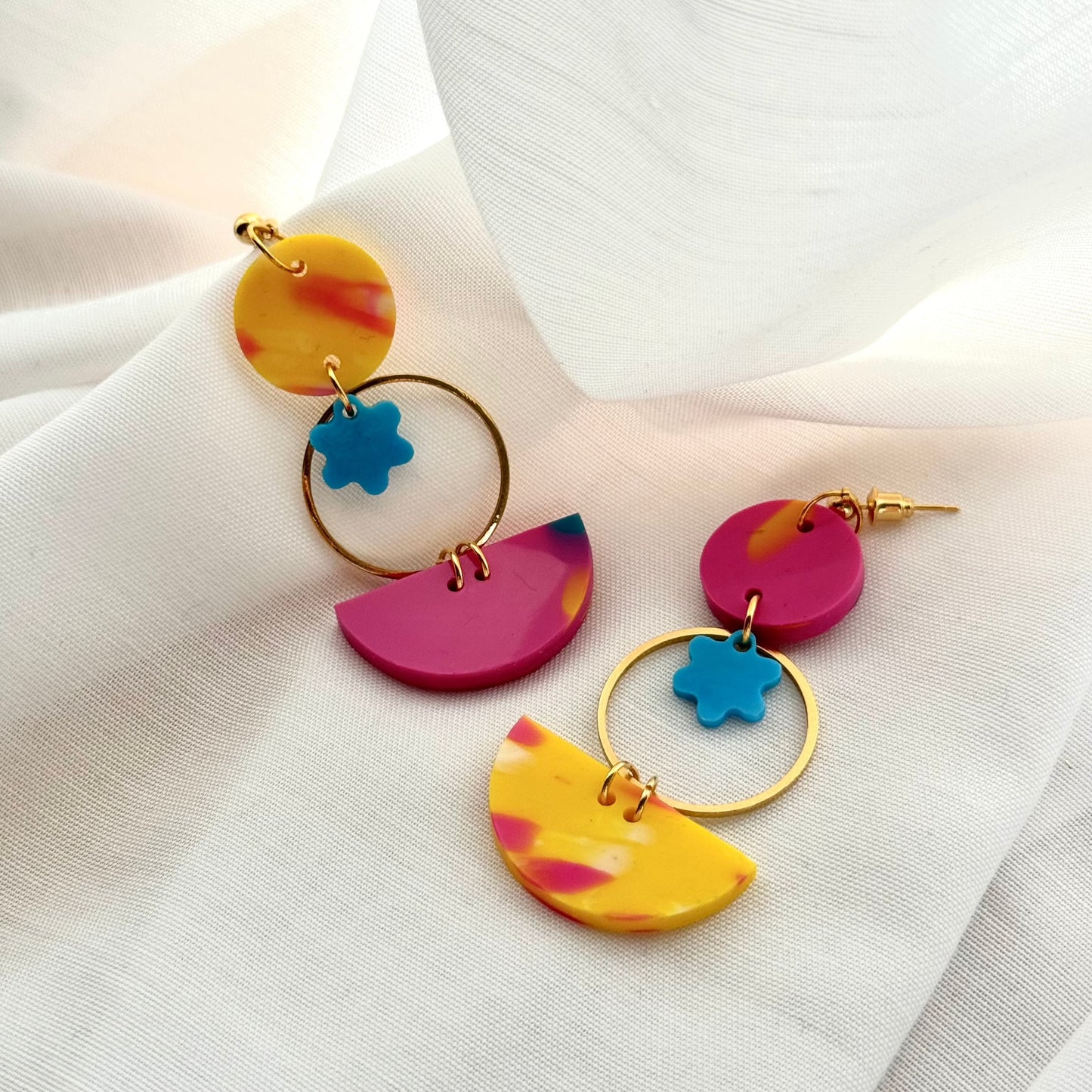 Mini Eclipse Flower Earrings- Marigold, Turquoise & Hot Pink
