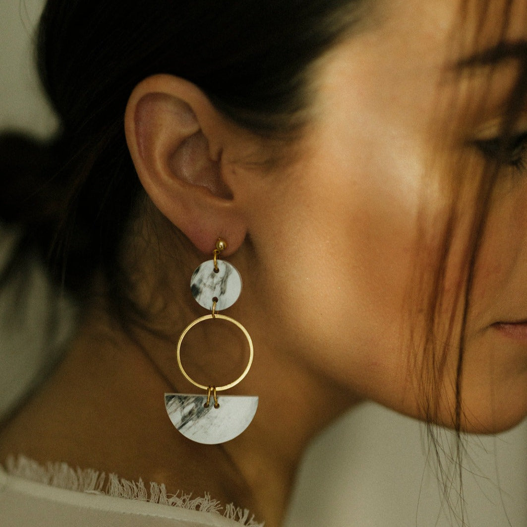 Mini Eclipse Earrings- Black & White Marble