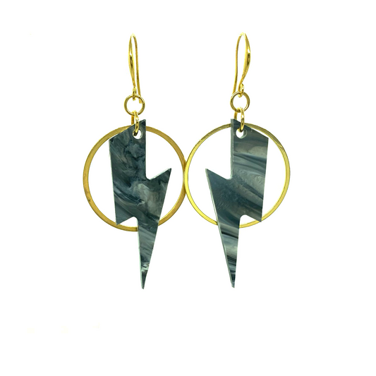 Mini Bolt Earrings- Black & White Marble