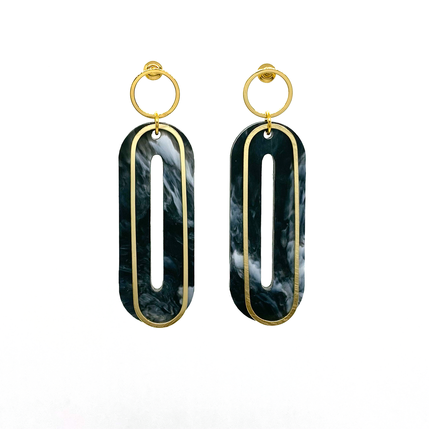 Elliptical Earrings- Black & White Marble
