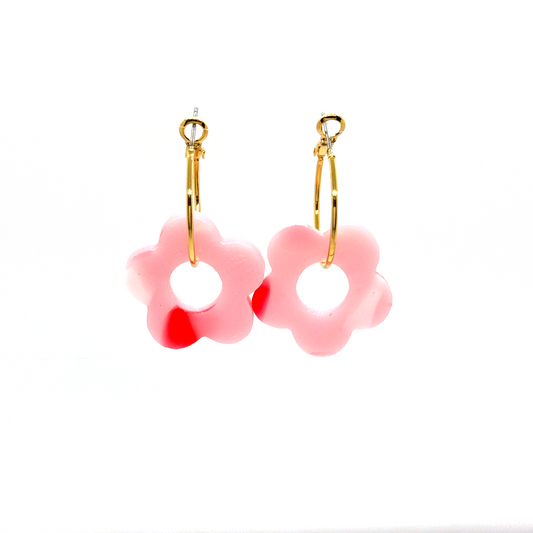 Bloom Hoop Earrings- Pink with White & Red Spot