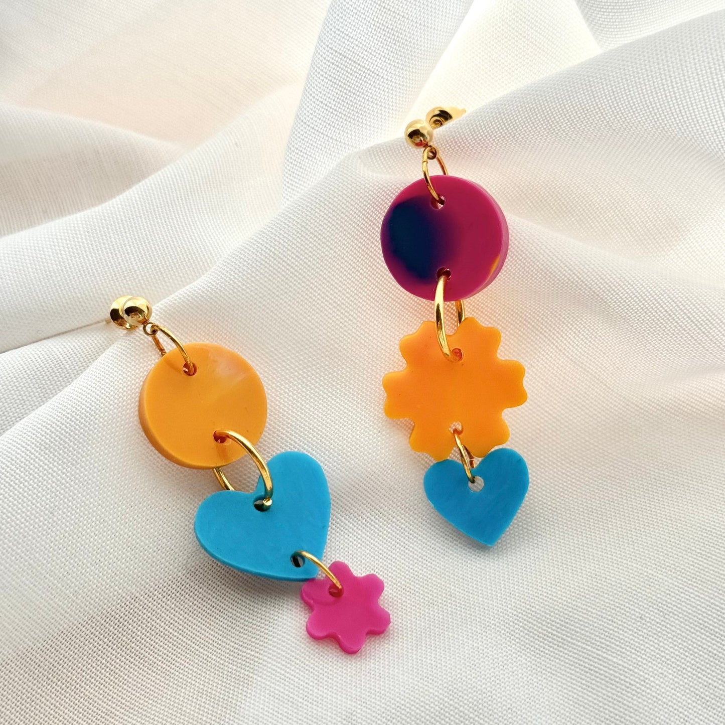 Mini Asymmetrical Love Drops- Marigold, Turquoise & Hot Pink