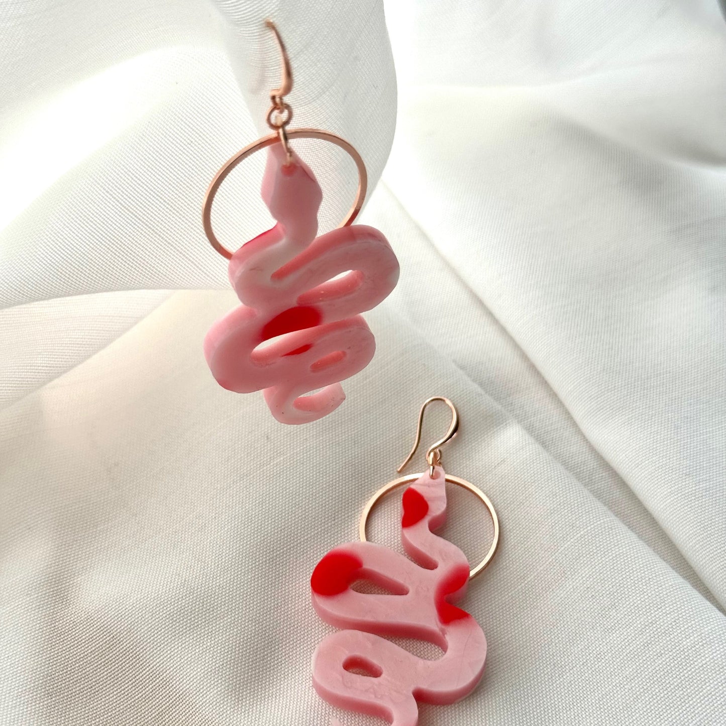 Snake Charmer Earrings- Soft Pink With Red & White Spot