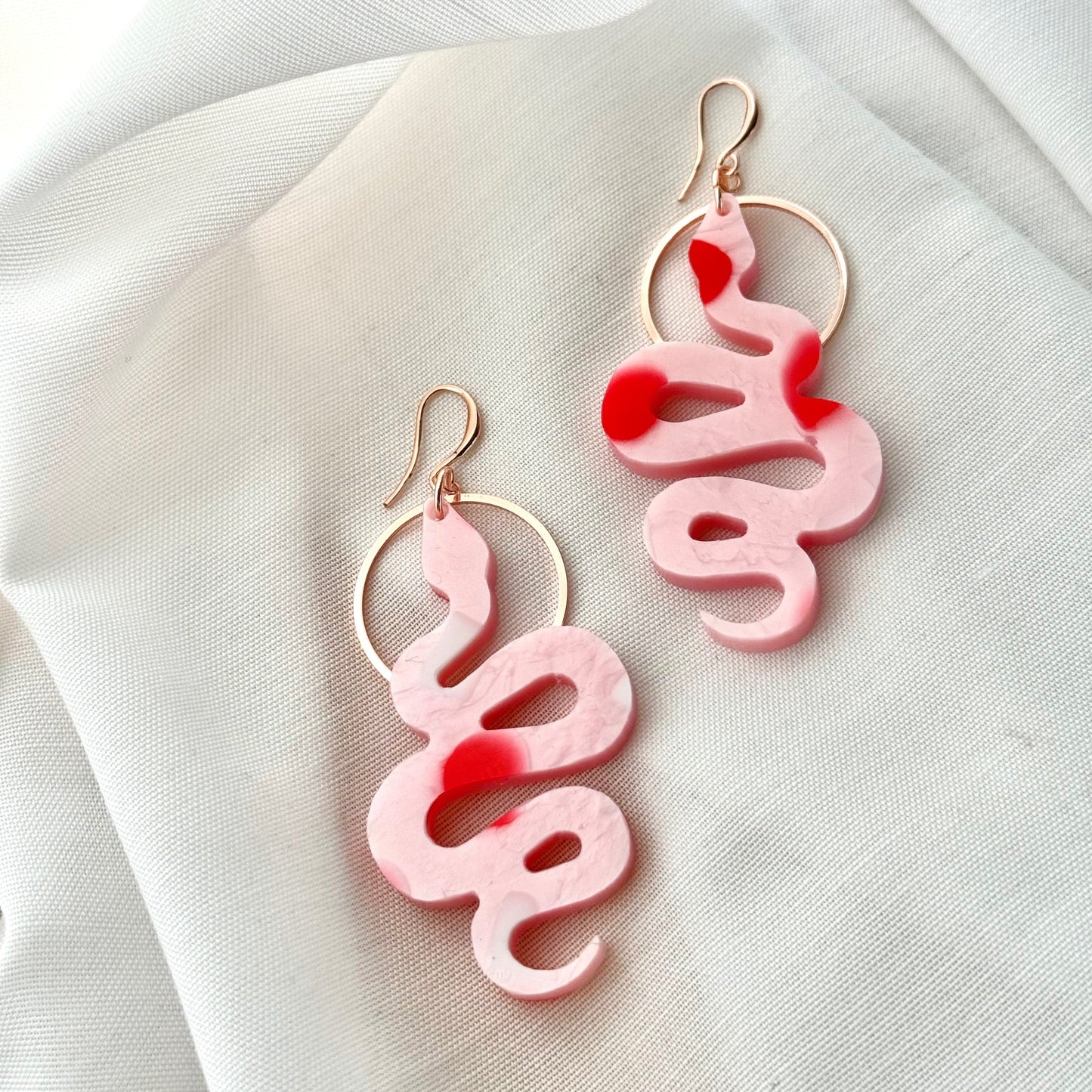 Snake Charmer Earrings- Soft Pink With Red & White Spot