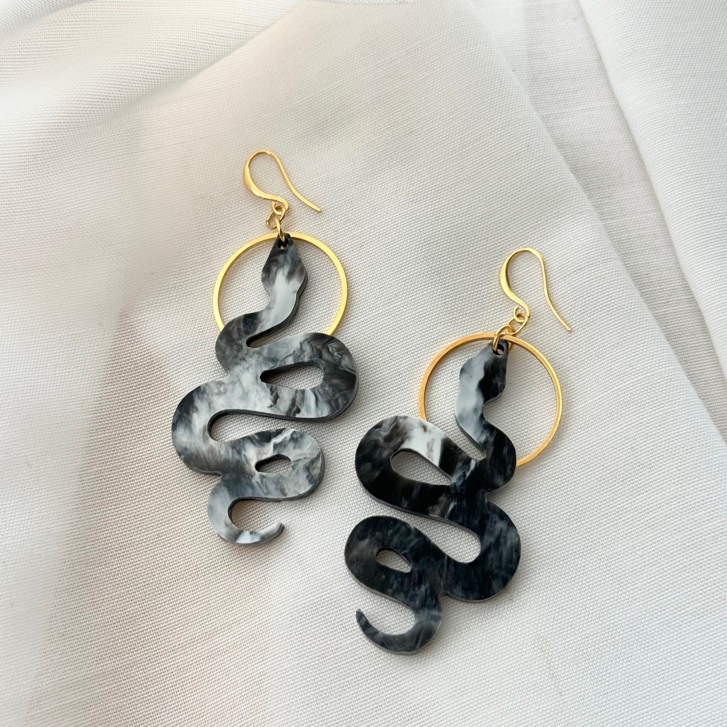 Snake Charmer Earrings- Black & White Marble