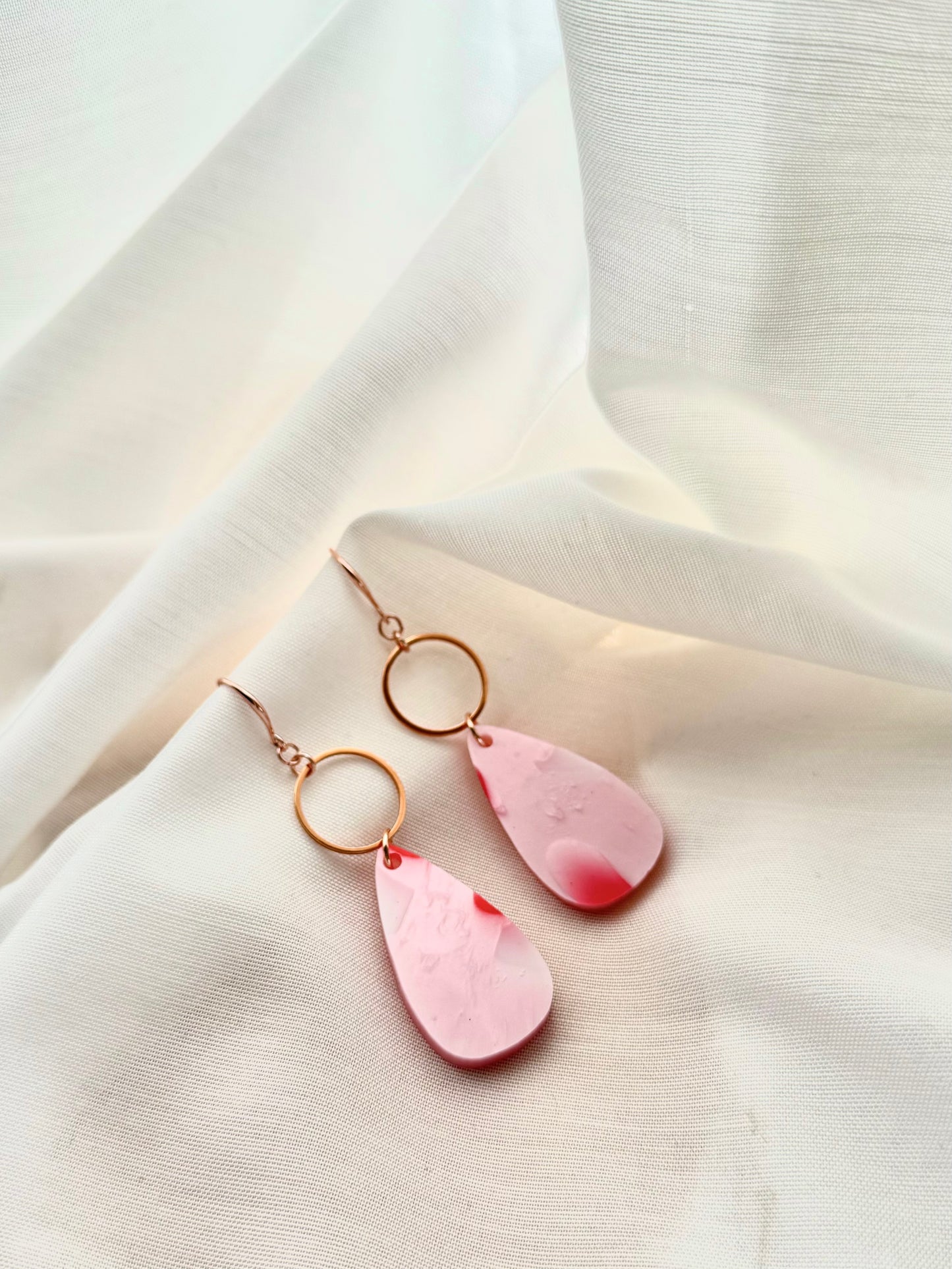 Tear Drop Earrings- Soft Pink With Red & White Spot