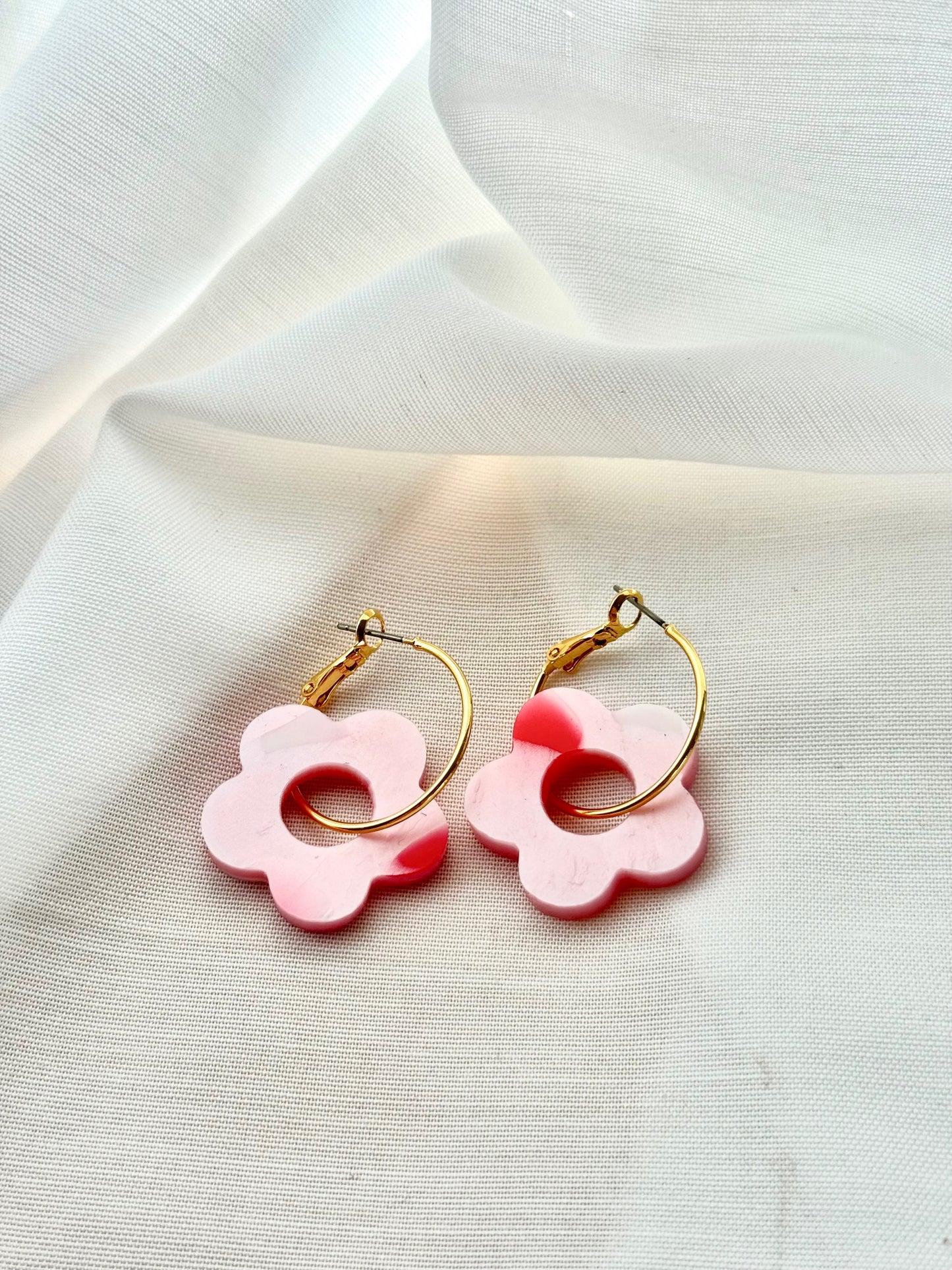 Bloom Hoop Earrings- Pink with White & Red Spot