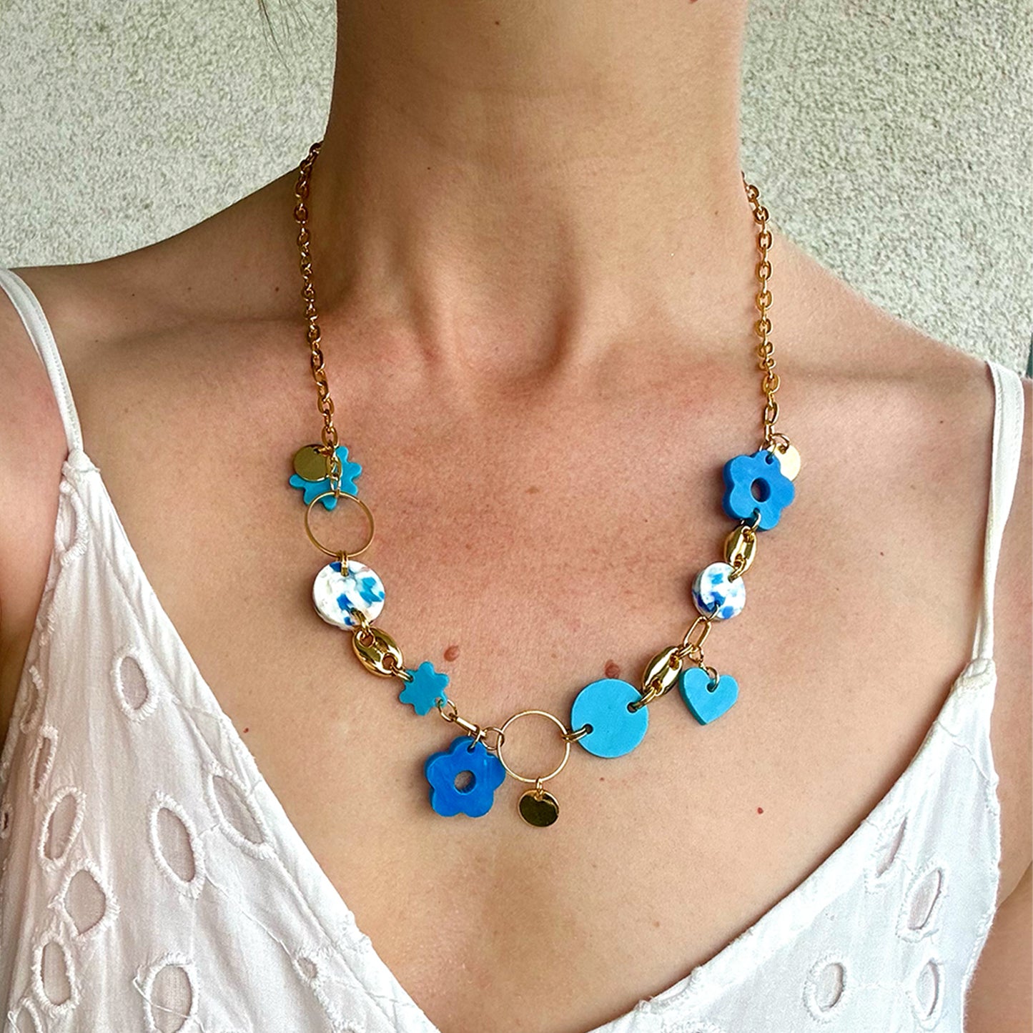 Flower & Heart Charm Necklace- Blues