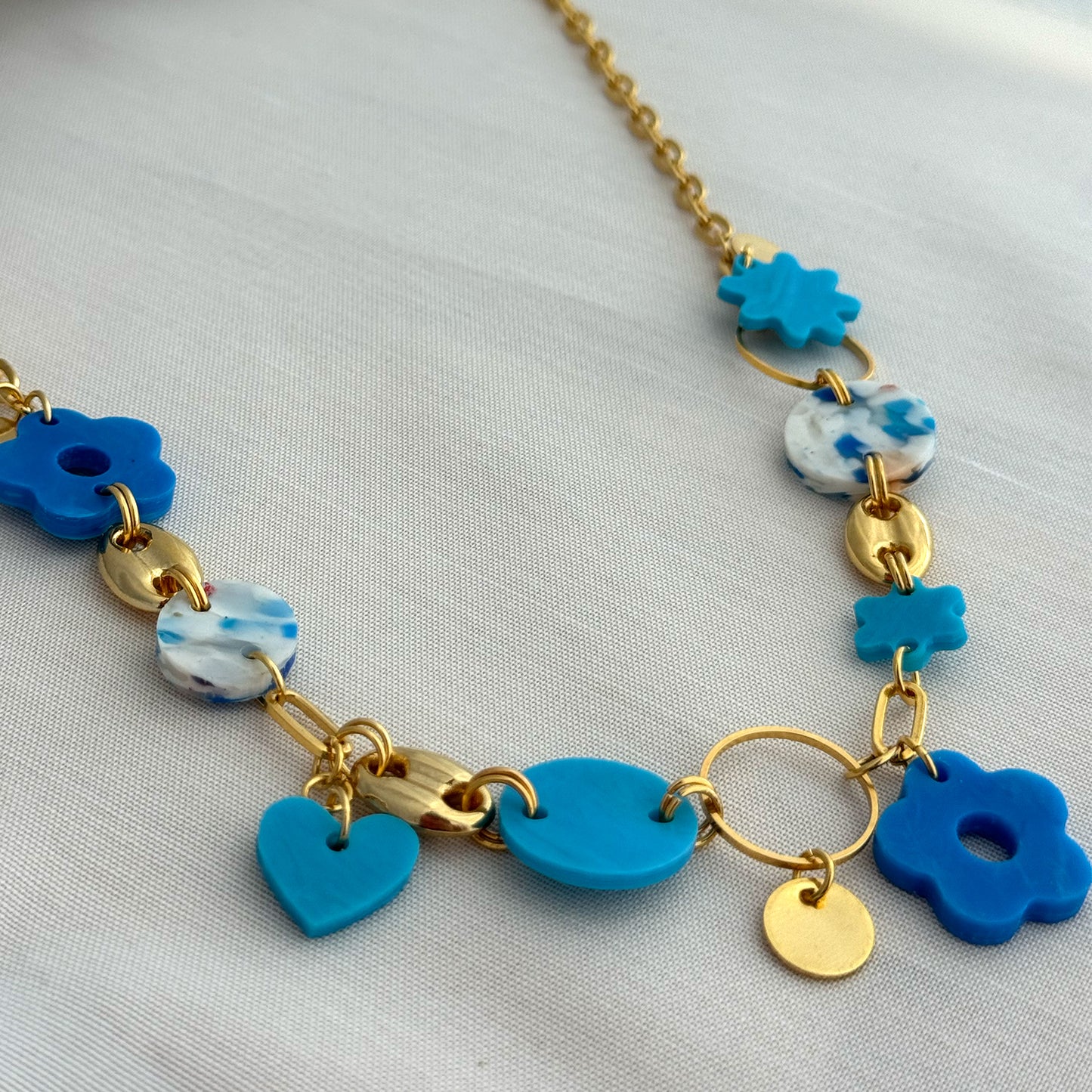 Flower & Heart Charm Necklace- Blues