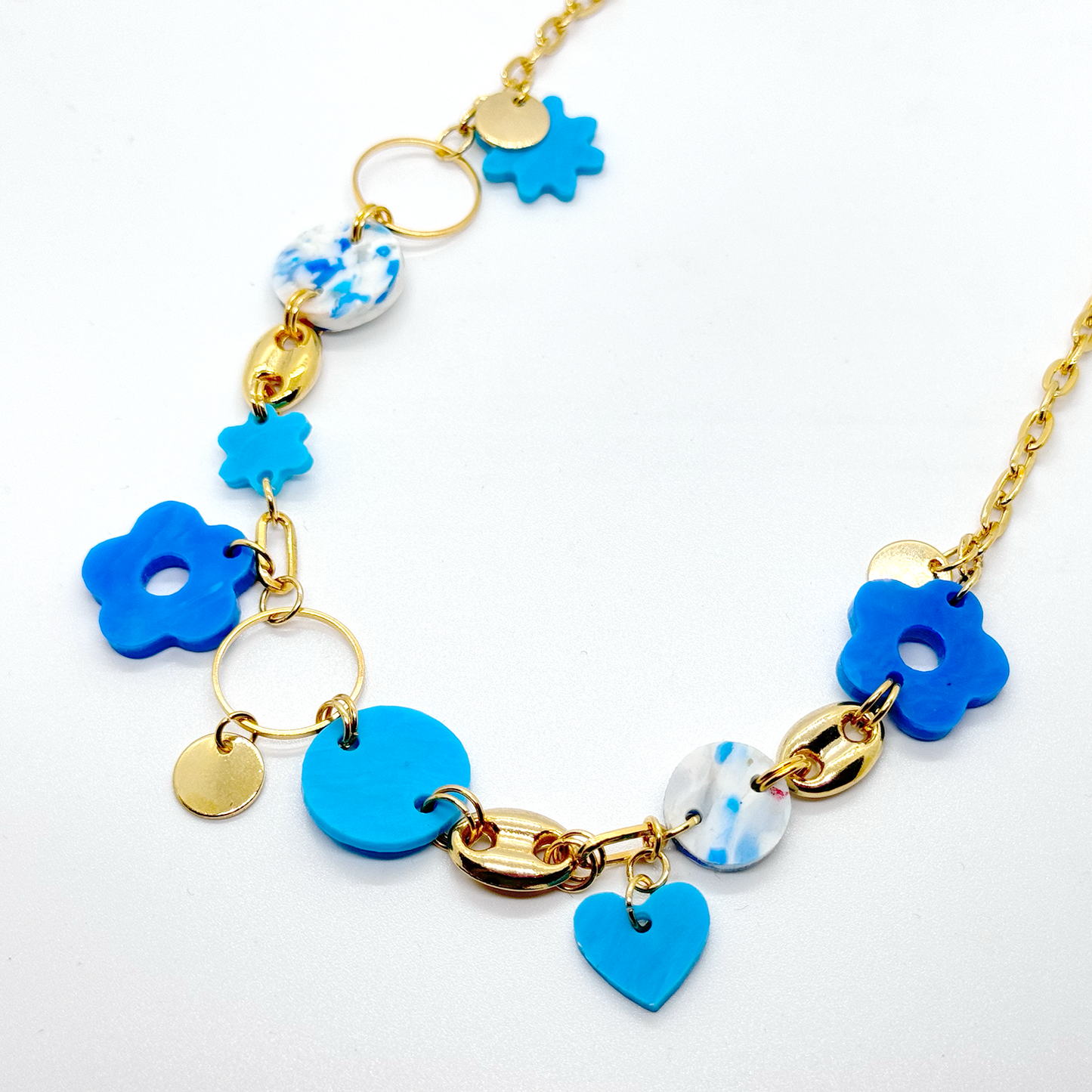 Flower & Heart Charm Necklace- Blues