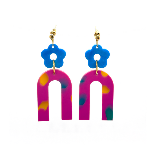 Magneto Flower Earrings- Marigold, Turquoise & Hot Pink