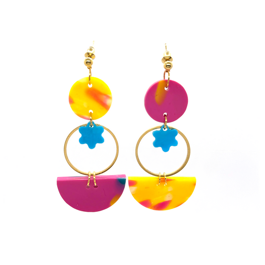 Mini Eclipse Flower Earrings- Marigold, Turquoise & Hot Pink
