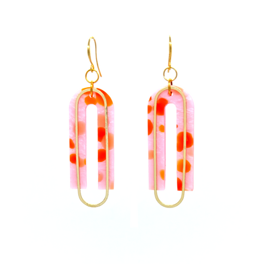 Meganeto Elliptical Earrings- Pink with Orange Spot