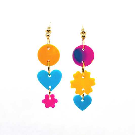 Mini Asymmetrical Love Drops- Marigold, Turquoise & Hot Pink