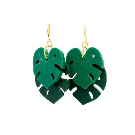 Stacked Monstera Earrings- Malachite & Emerald