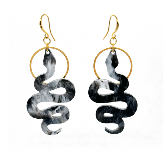 Snake Charmer Earrings- Black & White Marble