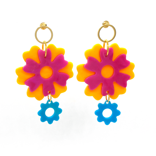Bloom Bouquet Earrings- Marigold, Hibiscus & Turquoise